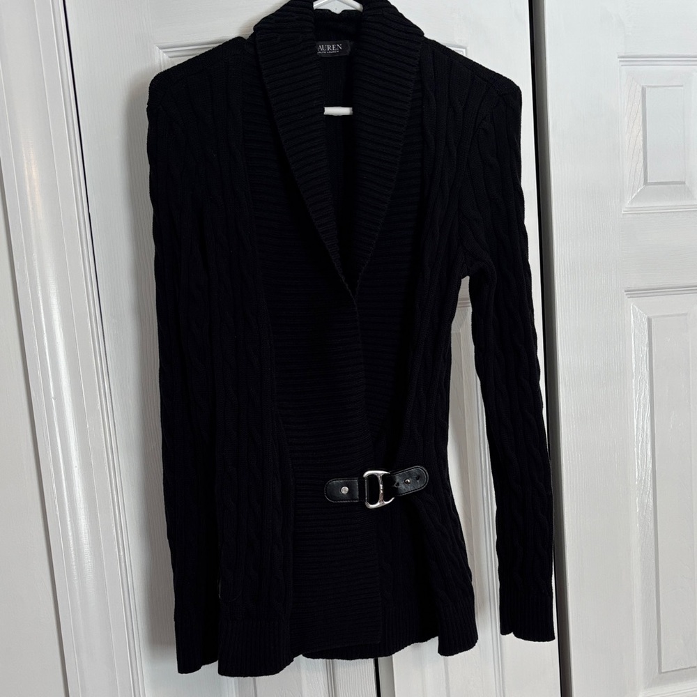 Ralph Lauren Black Cable Knit Shawl Collar Cardigan with Buckle